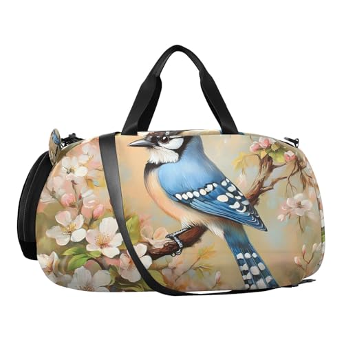 Duffle Bag for Boys or Girls with Shoes Compartment, Flowers Blue Bird Sports Travel Bag Overnight2