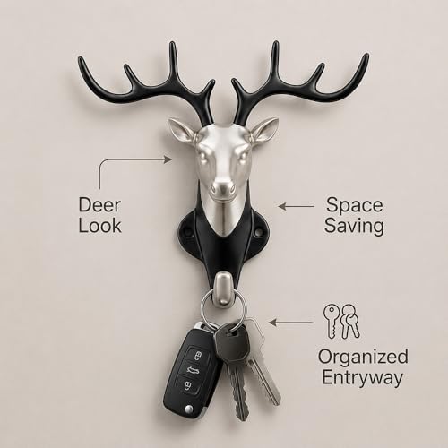 Image of Deer Head Wall Key Holder, Zinc Alloy Hanging Hooks for Keys & Accessories, Multipurpose Key Hanger Stand for Home Decor, Entryway Organizer, Satin Black Finish - Pack of 1