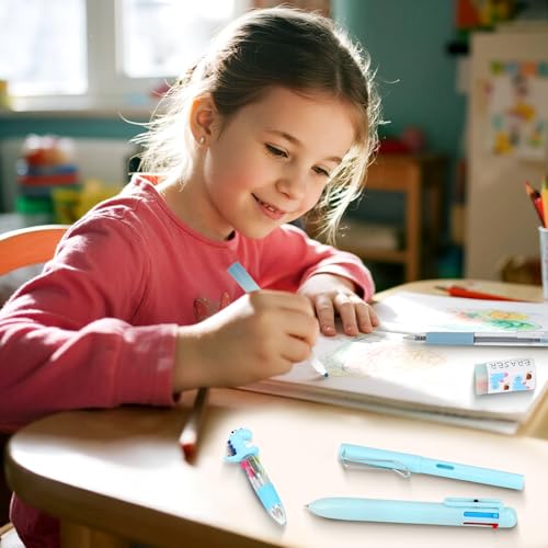 MOTIBACK 6-teiliges Dinosaurier 4-Farben Kugelschreiber Set – Komplettes Set für Studium und Büro mit Kugelschreiber, Bleistift und Radiergummi (Blau)