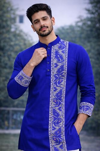 Image of Men's Cotton Jamdani Kurta for Festive, Casual Wear | Traditional Bengali Style Long Kurta | S to XL Size | White, Yellow, Blue Color Options