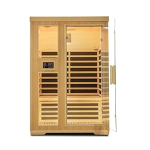 2 Person Far Infrared Indoor Sauna Room,1850w Carbon Canadian Hemlock Wooden Dry Sauna with Dual Control Panel and MP3 Controller, 8 Carbon Panels,Led Reading Lamp, New Year for Family