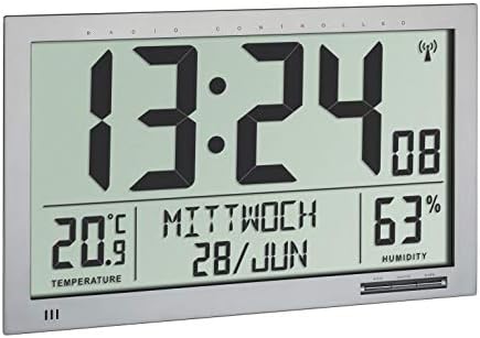 NECALON TFA Dostmann 60.4517.54 Radio Wall Clock XXL with Temperature and Humidity Large Display Easy to Read Silver, L400 x B55 x H250 mm