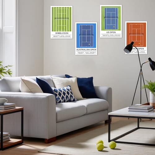 Fychuo 4 Stück Tennis Poster Set 30x20 cm, Leinwand Grand Slam Infografik Sport Bilder, Tennis Geschenk für Tennisspieler, Tennisplatz Wandbilder für Wohnzimmer, Schlafzimmer Wanddekoration