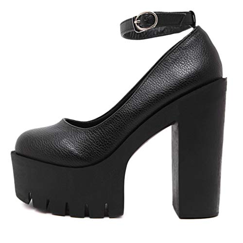 KOKOMOMO Womens Round Toe Platform Ankle Strap Pumps Chunky High Heels Goth Shoes (Black, Numeric 8.5)3