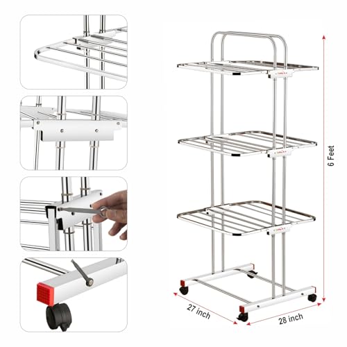 Image of Rubby Heavy Duty Cloth Dryer Stand with Installation Kit, 3 Tier Stainless Steel Drying Rack with Lock Wheels, Net Weight (7.3 Kg)
