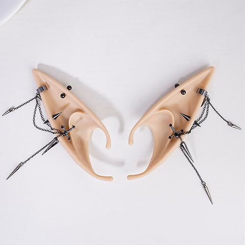 FRESHME 2 Pairs of Fairy Elf Ears with Sliver Piercings - Gothic Elf Ear Cuffs Skull Rose Cross Studs Sterling Earrings3