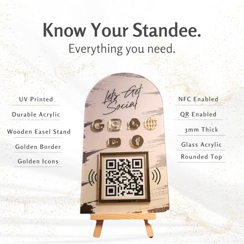 Image of Combo Standee 5-in-1 | NFC & QR Enabled | Connect Review, Instagram, Facebook, YouTube, WhatsApp & More | Share Bio Link Instantly | 5x8 Inch Golden Premium With Wooden Stand