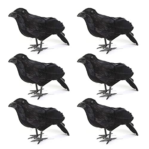 NZXVSE Lot de 6 corbeaux réalistes de 20,3 cm avec plumes noires, fait à la main, imitation corbeaux, décoration d'Halloween pour l'extérieur et l'intérieur Cover