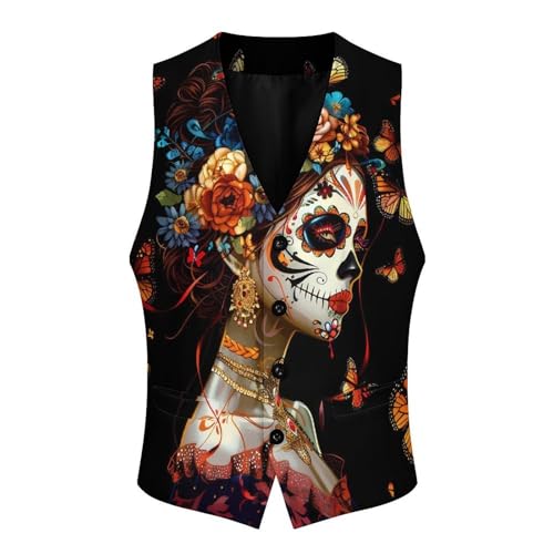 Day of The Dead Skull Woman Monarch Butterfly Men's Suit Vests Business Formal Dress V-Neck Waistcoat Tops with 2 Pockets4