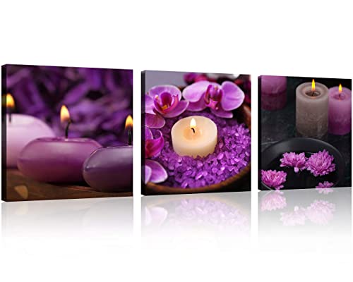 Tutubeer 3 Panels Spa Decor Zen Decor Purple Wall Art Still Life Purple Flowers Candles Spa Pictures Prints On Canvas For Home Office Kitchen Wall Decor Stretched And Framed Each Panel 12X12Inch #TOP24
