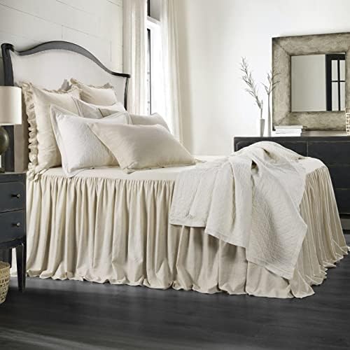 HiEnd Accents Luna Washed Linen 3 Piece Ruffle Skirt Bedspread Set with Pillow Shams, Light Tan Super Queen, Romantic Shabby Chic Farmhouse Style Bedding Cover Set, 1 Bed Spread and 2 Pillow Cases