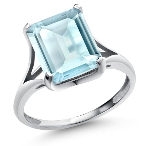 Gem Stone King 14K White Gold Gemstone Birthstone Solitaire Engagement Ring | Emerald Cut 10X8MM | Wedding Anniversary Promise Gold Ring For Women | Available In Size 5-9.5
