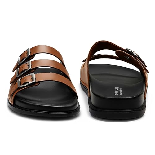 Image of Men's Premium Leather Toe Loop Slippers | Adjustable Buckle Slip-On Flats | Comfortable Cushioned Footbed | Casual Summer Beach Walking Slippers | Brown