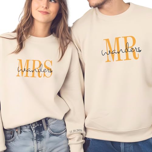 Personalized Mr & Mrs Sweathirts, Bachelorette Party, Engagement, Newly Engaged, Valentine's Day, Wedding Gift, Fiancee Shirts, Honeymoon Pajamas for Bride, Groom - Main Image
