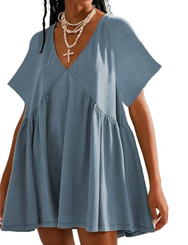 Freyhem Womens Summer Mini Dress Casual Short Sleeve Loose V Neck Swing Sundress With Pocket cover