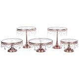 Amalfi Decor Cake Stand Set of 5 Pack, Dessert Cupcake Pastry Candy Cookie Display for Wedding Event Birthday Party, Round Metal Pedestal Holder with Glass Plates and Crystals, Rose Gold