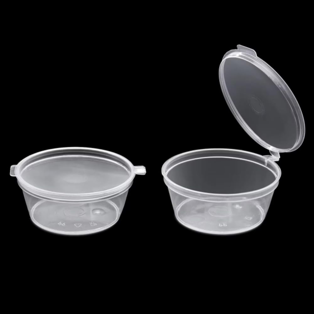 Hot Bargains Clear 50 X 6Oz/180Ml Hinged Sauce Pots Round Reusable Plastic Containers With Lids (50)