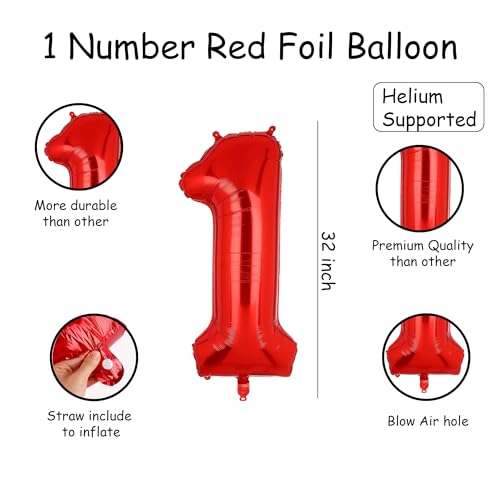 Image of Red 1 Number Foil Balloon with Crown & Base Balloons | 32 Inch Helium Supported for Birthday, Anniversary, Baby Shower Decoration - Pack of 14