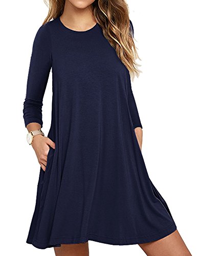 VEIMEILI Women's Casual Plain Simple T-Shirt Loose Pocket Dress with Pockets (L, Navy Blue)