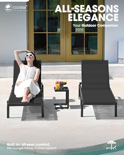 Patio Chaise Lounge Chair Set of 2, Outdoor Lounge Chairs with Wheels, 5-Position Adjustable Sun Loungers for Pool, Deck, Beach, Black