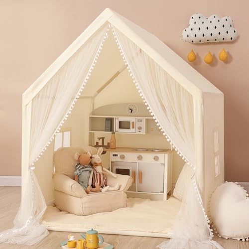 Monobeach Kids Tent Beige Play Tent with Long Mesh Curtain Large Playhouse for Indoor Outdoor Play Cottage Castle Toy for Girls Boys House Gift (Beige Kids Play Tent)