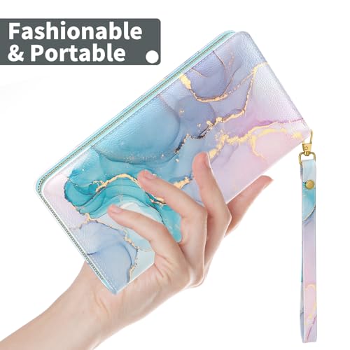 Image of Nipichsha Womens Wallet, RFID Wristlet Wallet for Women, Cute Ladies Purse, Large Credit Card Clutch Wallets with Zipper & Phone Holder, Colorful Ink Marble, Marble