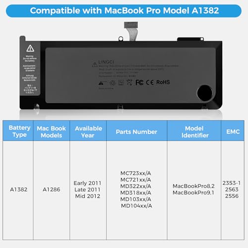 Image of A1286 Battery,A1382 Battery Replacement for MacBook Pro 15 Inch A1286 Early 2011 Late 2011 Mid 2012 EMC 2353 2563 2556 (Upgraded High Performance 10.95V 77.5Wh 7000mAh)