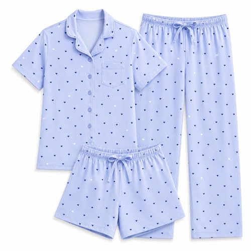 Image of US Angels Girls Pajama Set 3 Piece, Short Sleeve Button Down PJs with Shorts & Pants, Soft Sleepwear Girls & Tweens Size 5-16