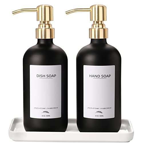 Supforce Glass Dish Soap Dispenser with Ceramic Tray and Stainless Steel Pump, Kitchen Soap Dispenser Set with 12 Waterproof Labels, Hand Soap Dispenser for Kitchen Bathroom Farmhouse