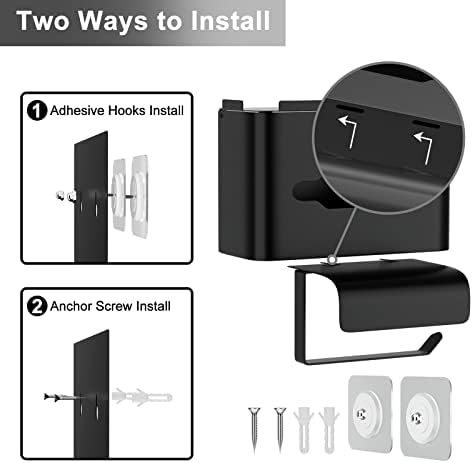 Toilet Roll Holder with Shelf - Black Toilet Roll Holder with Storage for Wet Wipes, Toilet Roll Holder Wall Mounted with 2 Installation Ways, Flushable Wipes Dispenser Fits Any Bathroom