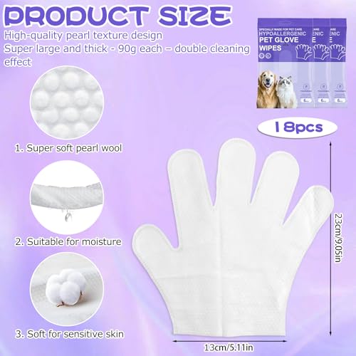 PIWOSGOL 18 Stück Verdickung Hypoallergene Handschuhtücher für Hunde & Katzen,Reinigungshandschuhe für Haustiere- Sanfte Reinigung & Geruchsentfernung für Haustiere | Antiallergisch & Hautfreundlich