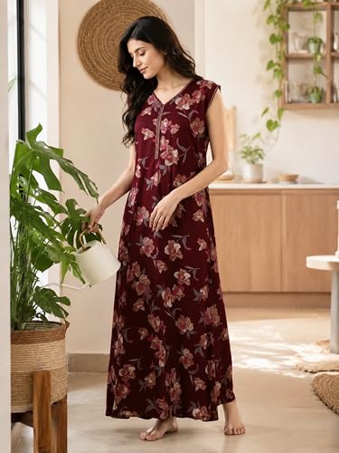 Image of 9shines Label Alpine Sleeveless Nighty | All Over Print Maxi for Women | Night wear for Women | Full Length Night Gown for Women | Night Dress for Women Stylish (Alpine Sleeveless 24)