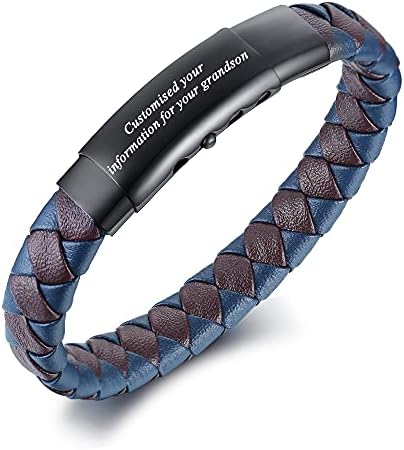 To My Grandson Men Inspirational Message Engraved Handmade Braided Leather Bangle Wristband With Stainless Steel ID Plated Bracelet Graduation Anniversary Memoria Gift for Men Boy Adjustable