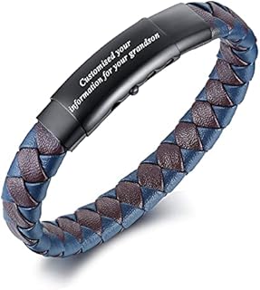 To My Grandson Men Inspirational Message Engraved Handmade Braided Leather Bangle Wristband With Stainless Steel ID Plated Bracelet Graduation Anniversary Memoria Gift for Men Boy Adjustable