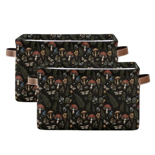 Image of Mushroom Botanical Storage Basket Fabric Kitchen Baskets Dragonfly Berry Flowers Fern Open Home Storage Bins Boxes Foldable Organizer Bag for Baby Cloth Pet Toy Book Shelf Closet Baskets 16x12x8 IN