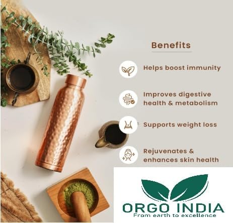 Miniatura 3 de Pure Copper Orgo - Botella de agua martillada con protección avanzada a prueba de fugas y sin articulaciones, Ayurveda y beneficios para la salud.