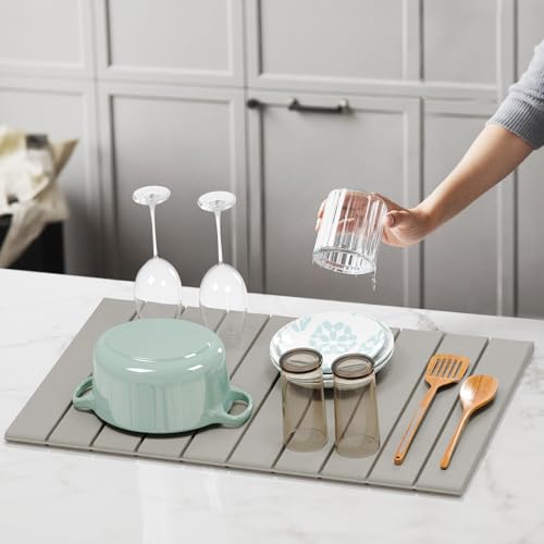 Large Stone Dish Drying Mat for Kitchen Counter, Eco-friendly, Instant Drying Pad,Diatomaceous Earth Water Absorbing Mat, Foldable and Super Absorbent Dish Drying Stone Mat, 24