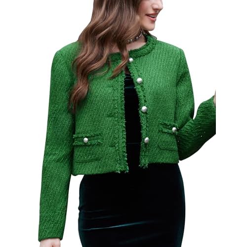M.Infisavo Tweed Blazer Jackets for Womens with Pockets, Cropped Long Sleeve Open Front Collarless Elegant Casual Cardigan