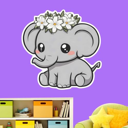 Image of Cute Ba-by Elephant Wall Sticker with Floral Crown | Self Adhesive PVC Wall Decal for Ki-ds Room, Nursery, Bedroom & Playroom Decor