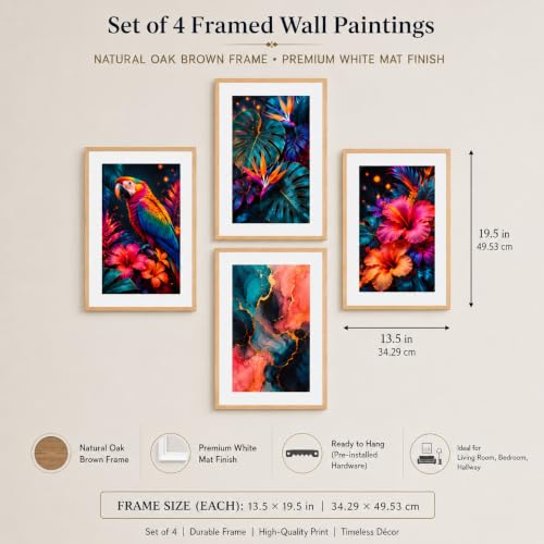 Image of Livin'luxe Set of 4 Tropical Parrot Floral & Abstract Wall Paintings with Sparkle Laminate and Premium Wooden Synthetic Frame for Living Room Bedroom Office Decor (13.5 x 19.5 Inch)