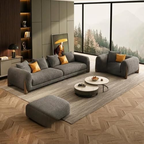Image of Boucle Fabric Modern Design Sofa with Pillow or Strong Woden Legs Best for Living Room, Halways, Garden (3+1 Seater + Ottoman (Grey))