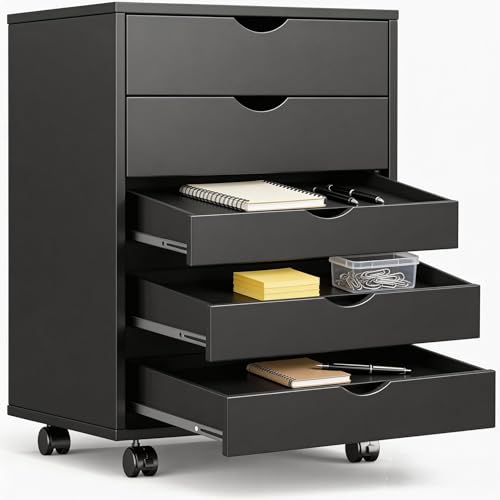 Image of 5-Drawer Chest, Office Storage Dresser File Cabinet with Wheels, Mobile Dresser for Home Office, Black