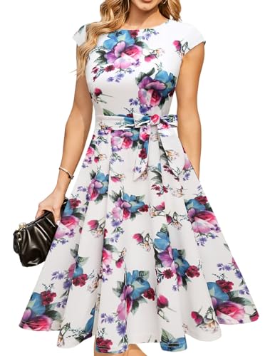 DRESSTELLS Cocktailkleid Damen Elegant 1950er Knielang Rockabilly Hochzeitkleid Vintage A-Line Swing Festlich Midilang Sommer Kleid White Flower 2XL