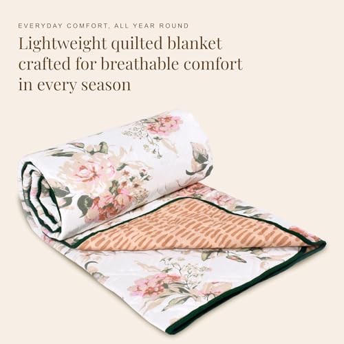 Image of HUESLAND Reversible AC Quilt Blanket Single Bed | 100% Cotton Quilted Shell, Super Soft 120 GSM Microfibre Wadding | Lightweight Comforter for All Weather Use | Blushing Blooms - 55 x 88 inches