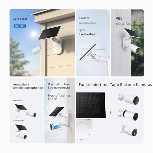 Tapo A201 Solarpanel, Kompatibel mit allen Tapo-Batteriekameras, 4m Ladekabel, Flexibel einstellbarer Winkel, IP65, Max 2,5 W, Typ-C-Anschluss