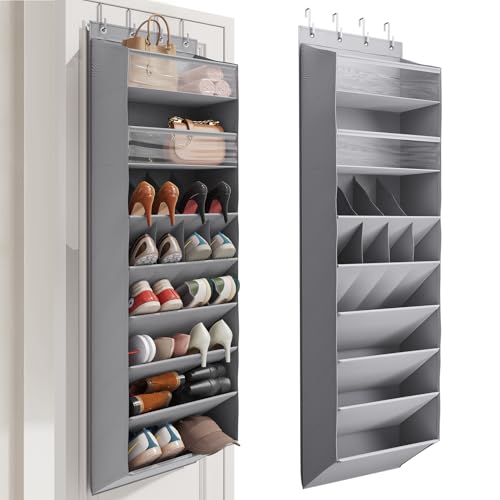 Mefirt 16-20 Pairs Over the Door Shoe Organizer, Clear Pockets Shoe Rack for Closet Door, Hanging Shoe Rack for Boots, Behind the Door Shoe Holder Fit All the Family's Sneakers, Boots, Heels, Grey