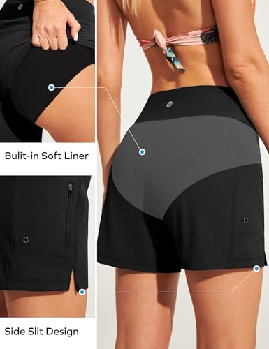 Ewedoos Womens Swim Shorts High Waisted Board Shorts for Women Stretchy 5" Swim Beach Short with Pockets Swimwear Liner3