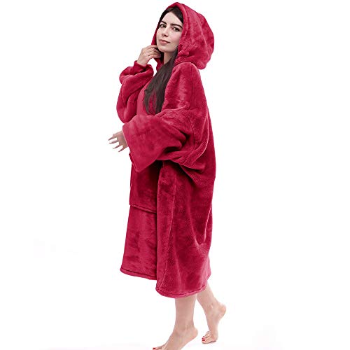 Hoodie Blanket,Wearable Sleeves Blanket,Cozy Warm Giant Hoodie,One Size Fits All Oversized Blanket Hoodie with Extra Length,Big Hoodie and Huge Pocket-Red