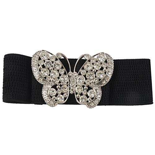 2 Pcs Women Rhinestones Accent Butterfly Hook Buckle Black Elastic Cinch Waist Belt - 56x7cm & 58x5cm, Black4