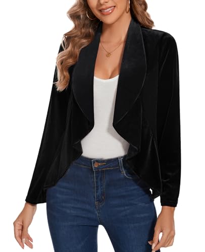 MINTLIMIT Womens Velvet Blazer Open Front Long Sleeve Suits Vintage Ladies Blazers Cardigans Casual Retro Ruffle Trim Unlined Going-Out Wear (Black L)